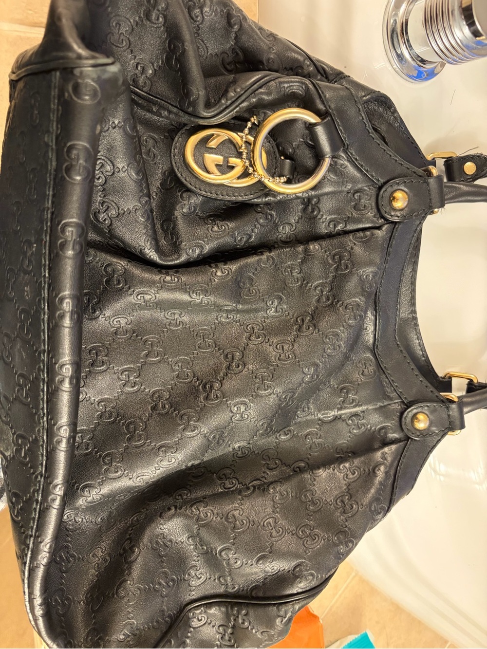 Gucci Black Embossed GG Leather Shoulder Bag with Gold Hardware Charm